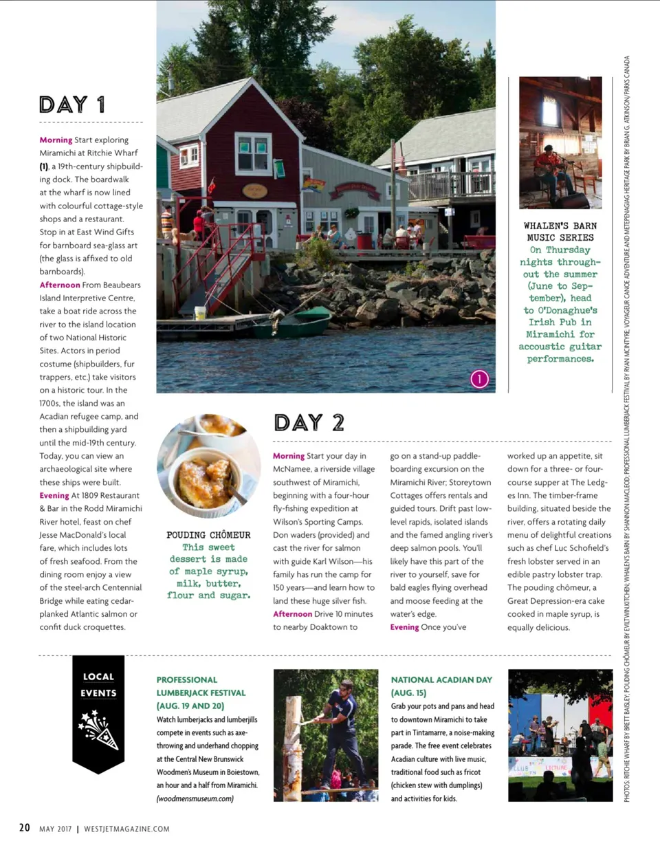 WestJet Magazine's May 2017 article about Miramichi, featuring Brett Baisley's photograph of Ritchie Wharf
